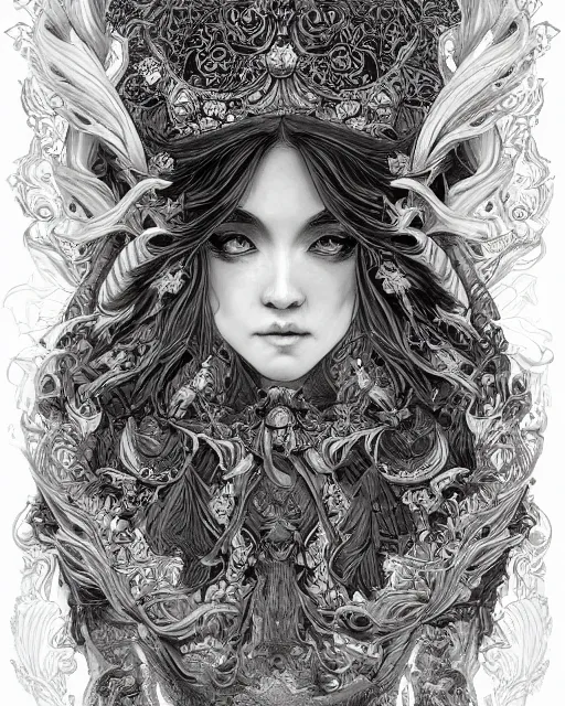 Image similar to portrait of a woman, baroque style, elegant, beautiful, mesmerizing, concept art, intricate linework, detailed and intricate environment, highly detailed, artstation, behance, deviantart, inspired by monstress, sana takeda