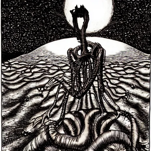 Image similar to Eldritch Horror eating the Sun, dark, horror, art by Junji Ito