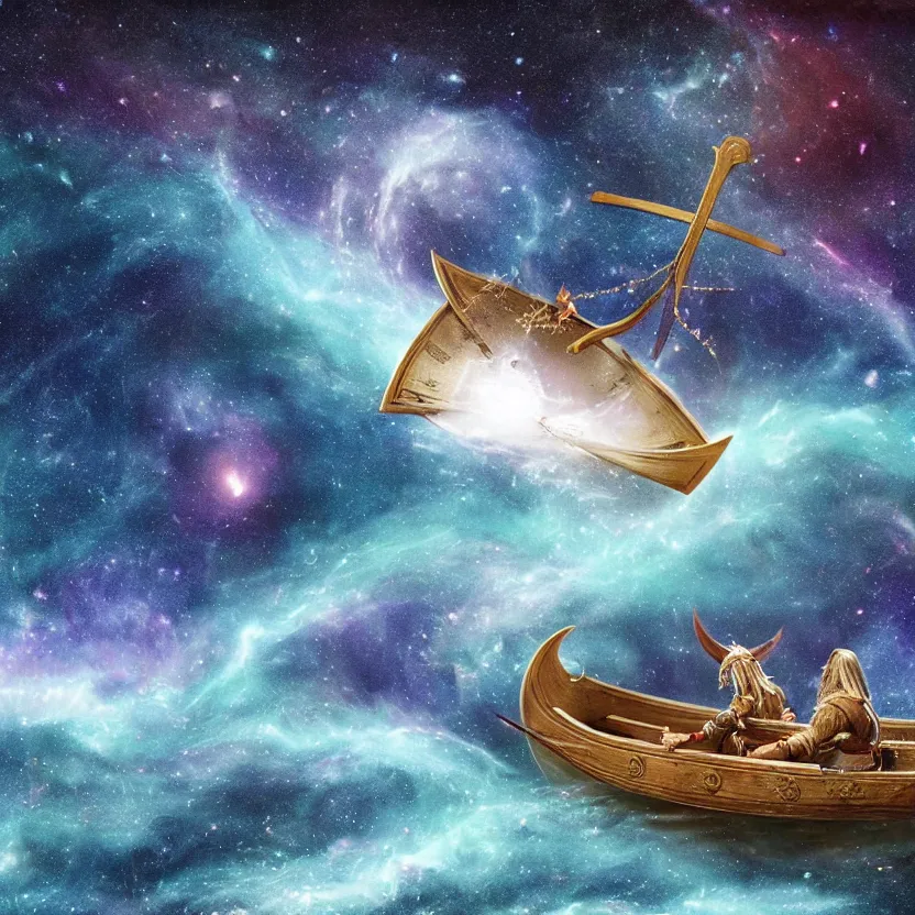 Prompt: a medieval viking longboat rowing through an ocean that is a nebula, several supernovae in the background, distant black hole ejecting a near light speed stream of matter across the scene