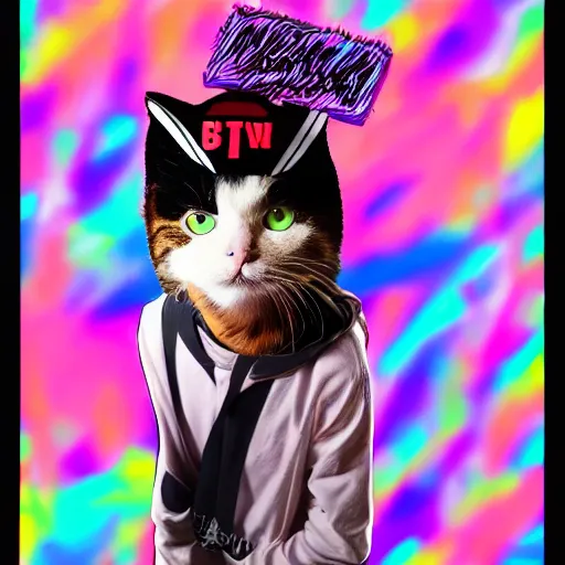 Prompt: cat dressed as a football hooligan in a vaporwave style