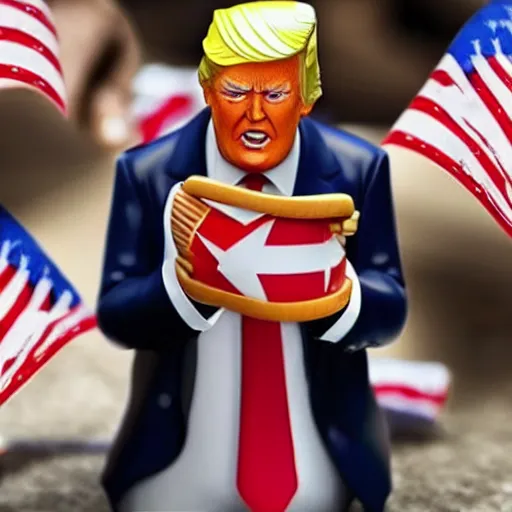 Prompt: a toy figure of donald trump holding usa flag