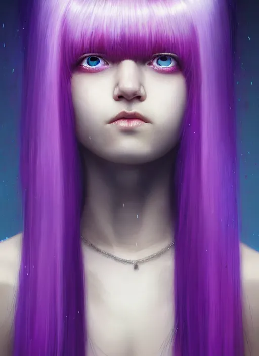 Image similar to hair whitebangs hair, black hair, blackbangswhitehair, portrait of teenage girl with white bangs, red irises, purple clothes, white bangs, bangs are different color from hair, intricate, elegant, glowing lights, highly detailed, digital painting, artstation, concept art, sharp focus, illustration, art by wlop, mars ravelo and greg rutkowski