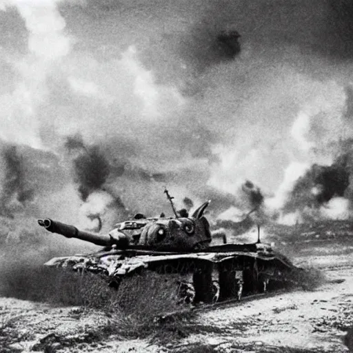 Prompt: black and white photo Dragons in Battle of Kursk WWII, dragons flying, tanks