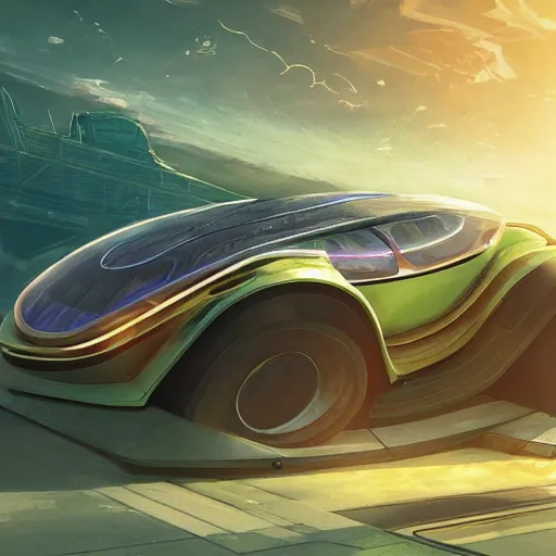 Image similar to solarpunk hovercar, clean energy, green technology, batoidea shape, airspace, sunny day, futurism, intricate, engines, glow, highly detailed, peaceful, utopia, bright, digital painting, artstation, concept art, smooth, sharp focus, epic landscape, art by akihiko yoshida and tim mcburnie and anato finnstark