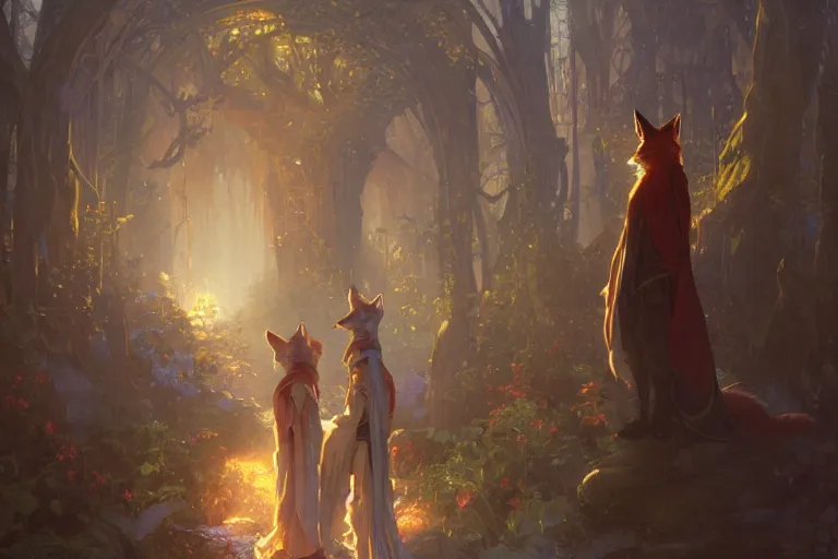 Image similar to an anthropomorphic fox wizard and his apprentice, wearing long flowing robes, in front of a magical gateway to another universe, illustration by greg rutkowski, thomas kindkade, alphonse mucha, loish, norman rockwell, artstation, furaffinity