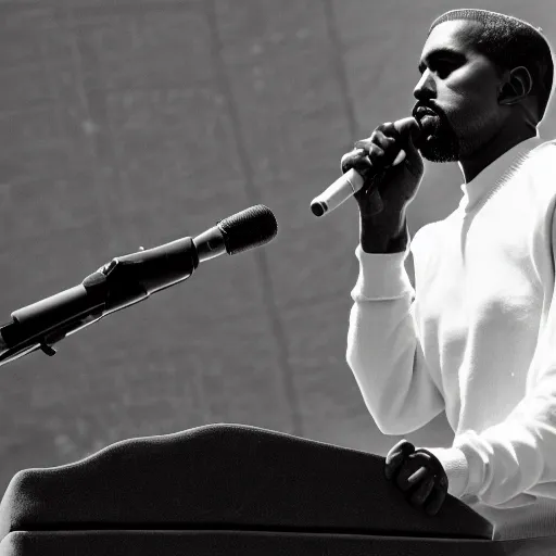 Image similar to vintage photograph of Kanye West speaking at the Million Man March, Sigma 40mm, portrait, black and white