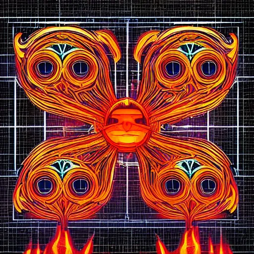 Image similar to three - headed cyberpunk flaming hell chicken, sacred geometry background, alchemy, merkabah, psychedelic, pop art in the style of frank lloyd wright