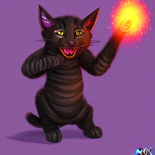Image similar to A black furred dwarf tabaxi, wearing pink flip flops, laughing maniacally as he casts a magic spell, trending on art station, dungeons and dragons