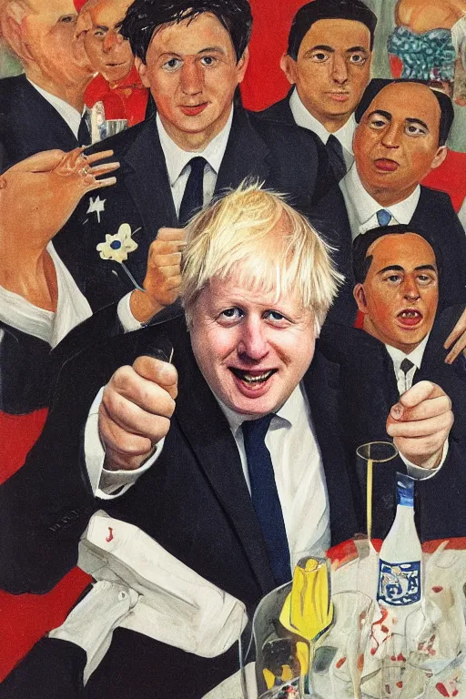 Image similar to a portrait of boris johnson at a party, communist propaganda