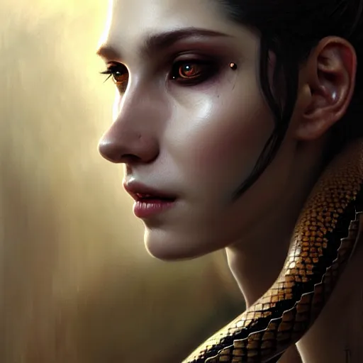 Image similar to portrait painting of a vampire with snake skin and three eyes wearing vietnam fatigues, ultra realistic, concept art, intricate details, eerie, highly detailed, photorealistic, octane render, 8 k, unreal engine. art by artgerm and greg rutkowski and charlie bowater and magali villeneuve and alphonse mucha