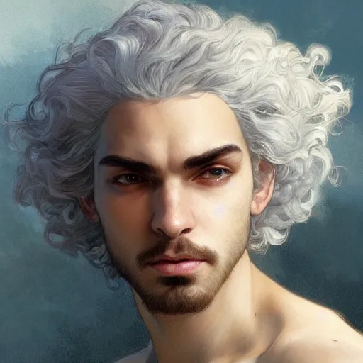 Image similar to beautiful, strong, mixed race, white hair, curly hair, small beard, male, face, head shot, fantasy, highly detailed, digital painting, artstation, concept art, smooth, sharp focus, illustration, art by artgerm and greg rutkowski and alphonse mucha