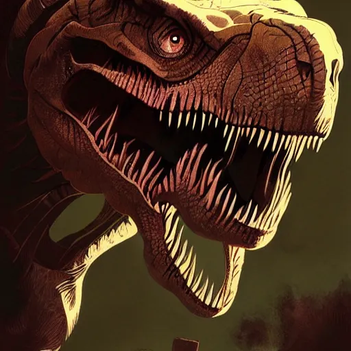 Prompt: commission portrait of a t-rex,digital art,art by greg rutkowski,artstation,deviantart,photorealistic,hyperdetailed,4k,detailed face,professional lighting,western comic style,award winning