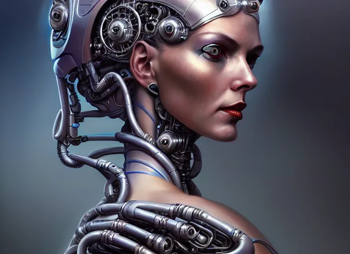 Image similar to portrait shot of a cyberpunk robot woman, intricate, elegant, highly detailed, centered, digital painting, artstation, concept art, smooth, sharp focus, illustration, artgerm, tomasz alen kopera, peter mohrbacher, donato giancola, joseph christian leyendecker, wlop, boris vallejo