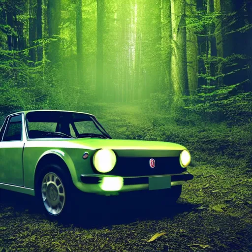 Prompt: fiat 1 2 4 in the dark forest, night, headlights are on, professional photography, vaporwave