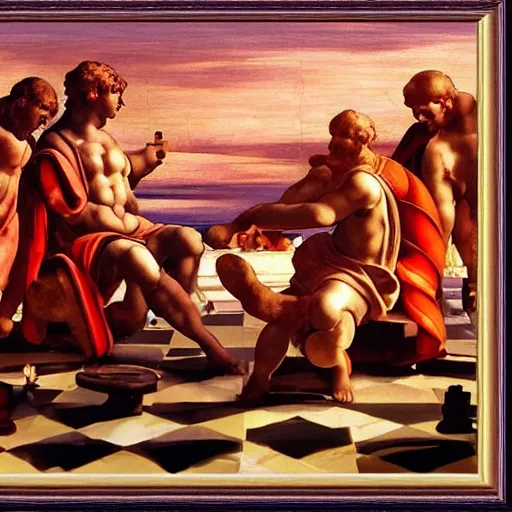 Image similar to a Nvidia robot with no other purpose in life than looking at a painting of gods playing chess under a crimson sky. Painted by Michelangelo. Hd. 4k. Arcane style
