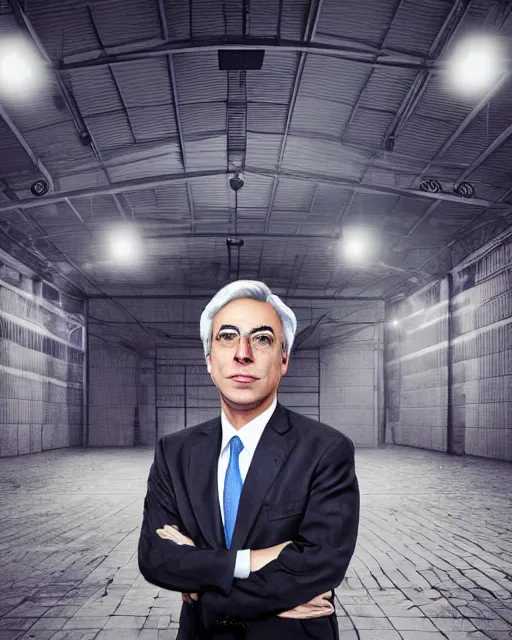 Image similar to Digital presidential anime art of Alvaro Uribe Velez by A-1 studios, serious expression, empty warehouse background, highly detailed, spotlight