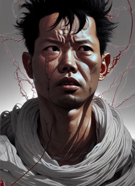 Prompt: Portrait of Tetsuo from Akira, muscular, cables, techwear, intricate, cyberpunk, highly detailed, digital painting, artstation, concept art, smooth, sharp focus, illustration, art by artgerm and greg rutkowski and alphonse mucha