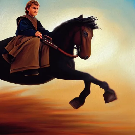 Image similar to anakin skywalker riding a pony, cinematic painting