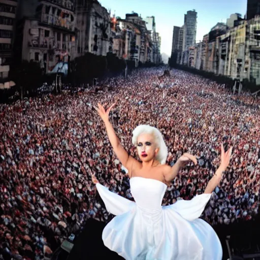 Image similar to Lady Gaga as Evita, Argentina presidential rally, Argentine flags behind, bokeh, epic photo, detailed, Argentina