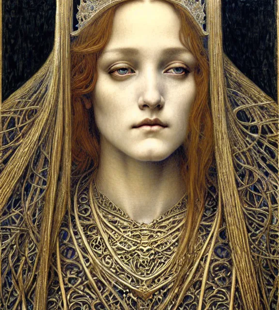 Image similar to detailed realistic beautiful young medieval queen face portrait by jean delville, gustave dore and marco mazzoni, art nouveau, symbolist, visionary, gothic, pre - raphaelite. horizontal symmetry