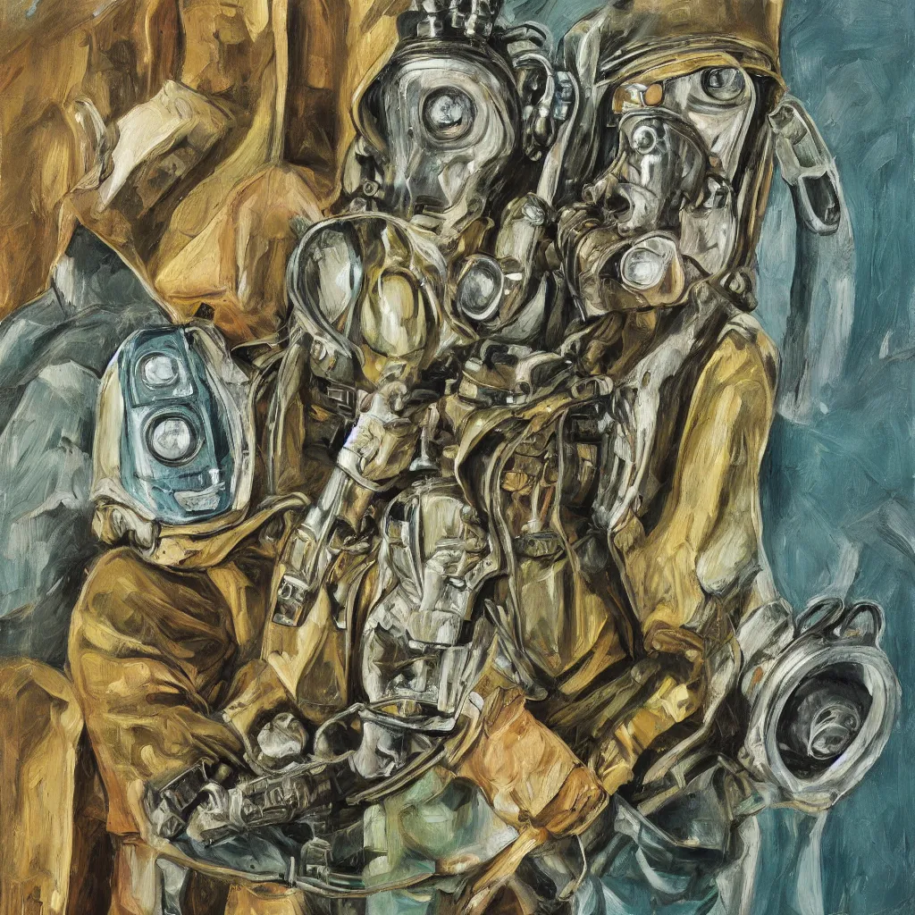 Image similar to high quality high detail painting by lucian freud, jenny savile, scifi soldier with gas mask, turquoise, hd