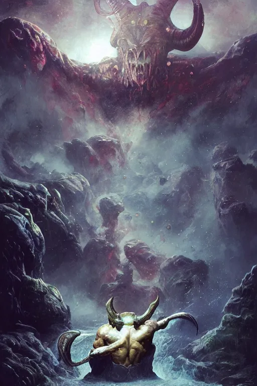 Prompt: a huge muscular demon with ram's horns emerges from a pond on rocky alien world, water splashing cascading, alien flora and fauna, space background nebula nasa, by ruan jia, jack kirby, norman rockwell, wayne barlow, sergey krasovskiy, zdzislaw beksinski, boris vallejo, artstation creature