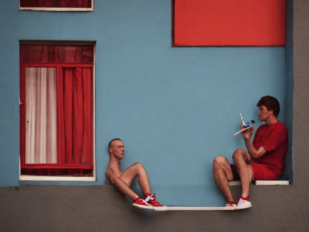 Image similar to single man sitting by the window, smoking a cigarette, blue shorts, red adidas shirt, bedroom, small fan, night, dimly lit, in the style of wes anderson, no double figure