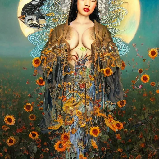 Image similar to a china cat sunflower walking proudly jingling in the midnight sun with a bodhi that drips a silver kimono Like a crazy quilt star gown through a dream night wind, intricate and complexly detailed oil painting, by Karol Bak and Tony Diterlizzi, influenced by Artgerm, golden hour scene, multi-dimensional, 8k, octane rendering,