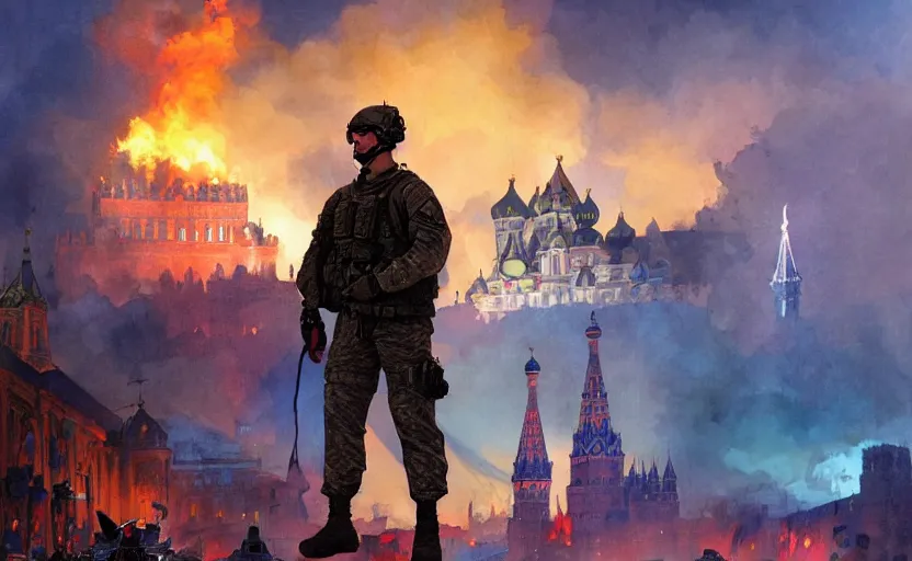 Image similar to special forces soldier with ukrainian blue and yellow shoulder patch watches red square kremlin burn in the background, d & d, fantasy, bright atmosphere, volumetric lights, intricate, elegant, extremely detailed, digital painting, artstation, concept art, matte, smooth, sharp focus, hyper realistic, illustration, art by artgerm and greg rutkowski and alphonse mucha