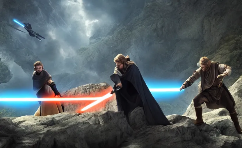 Image similar to anakin skywalker and obi wan kenobi engaging in an epic duel on a cliffside, epic, fantasy artwork, intense, cinematic, raytracing, dynamic lighting, 4 k