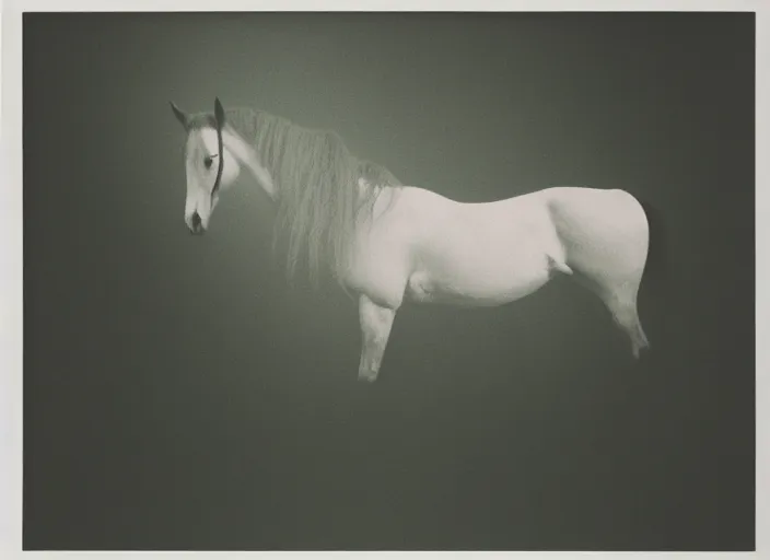 Image similar to an underexposed kodak 500 photograph of a transmorphing horse insect in the mist, muted color