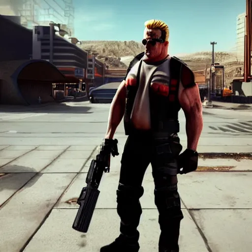 Prompt: [UHD candid photo of Duke Nukem on the streets of dystopian Las Vegas, correct face, accurate details, graphic detail, sharp focus by Annie Leibowitz]