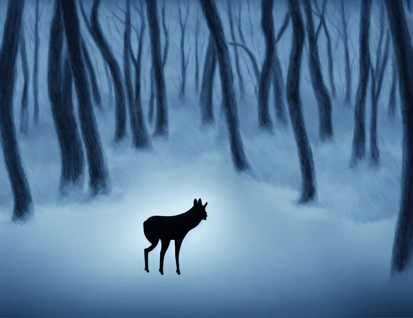 Image similar to magical animal spirit in the winter woods. limited palette, western 2 d animation from the 2 0 1 0 s, backlighting, bold composition, depth of field.