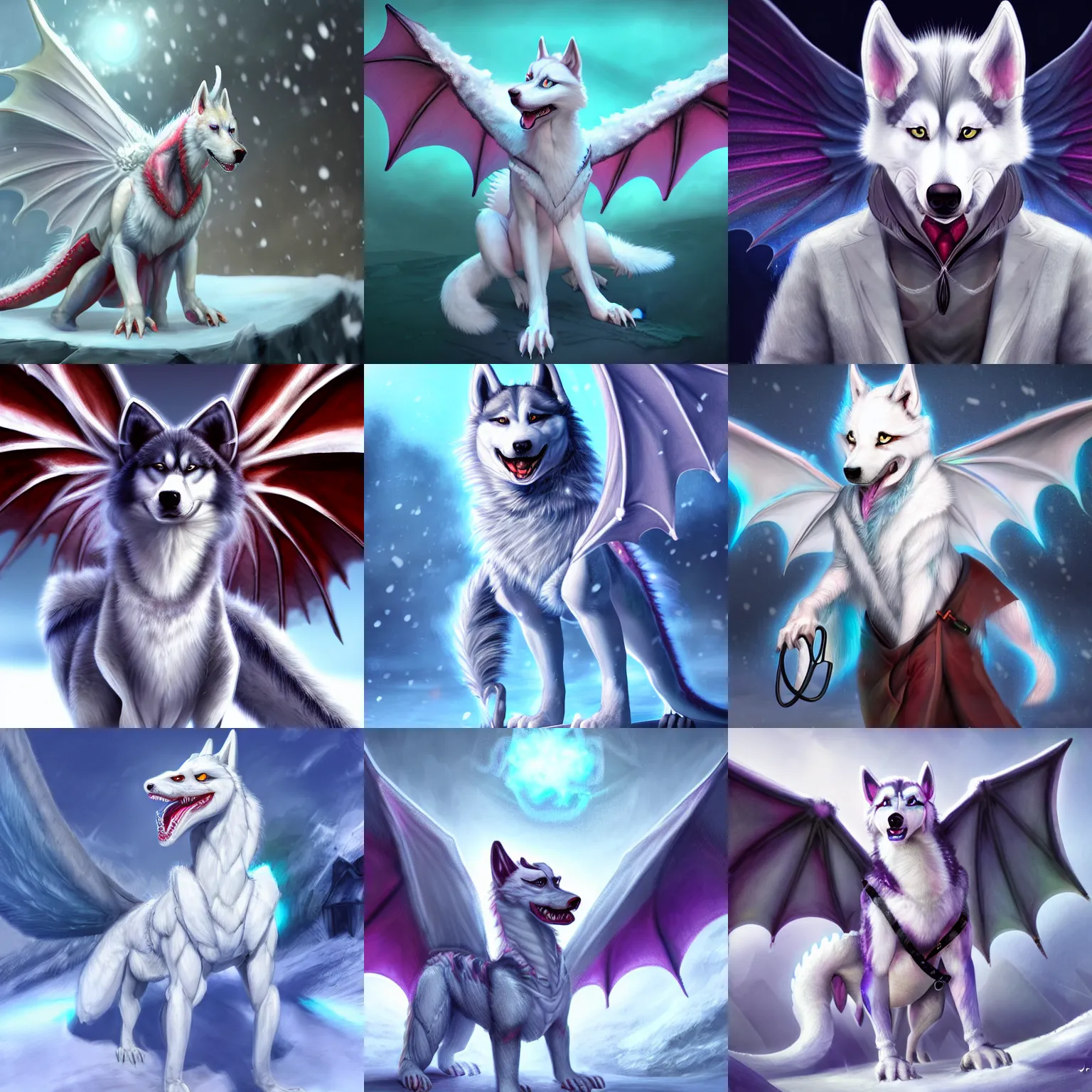 Prompt: male antropromorphic dragon - husky - hybrid, wearing a white doctors coat and stethoscope, digital art, concept art, trending on artstation, in the snow, bright colors, wings, tail, highly detailed, 3 d rendered, 8 k hd