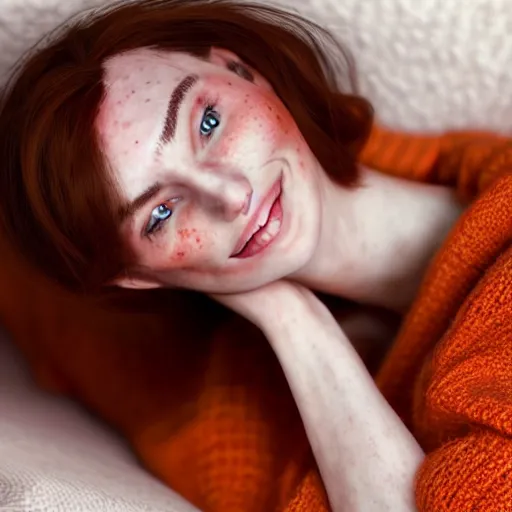 Prompt: portrait of a cute thin young woman, red blush, cute freckles wearing casual clothes, small smile, relaxing on a couch, cozy under a blanket, cozy living room, close up shot, 8 k, trending on artstation, art by diego fazio and irakli nadar and ron mueck, hyperrealism, hyperdetailed, ultra realistic