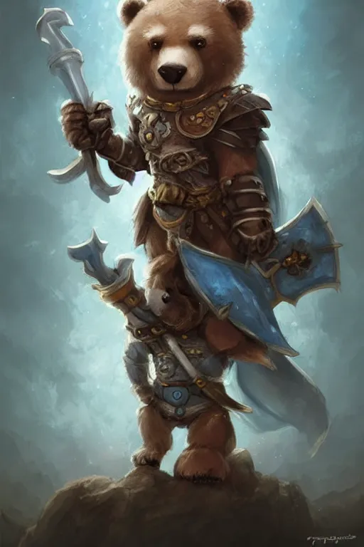 Image similar to cute little anthropomorphic bear knight wearing a cape and a crown, tiny, small, miniature bear, baby animal, short, pale blue armor, cute and adorable, pretty, beautiful, DnD character art portrait, matte fantasy painting, DeviantArt Artstation, by Jason Felix by Steve Argyle by Tyler Jacobson by Peter Mohrbacher, cinematic lighting