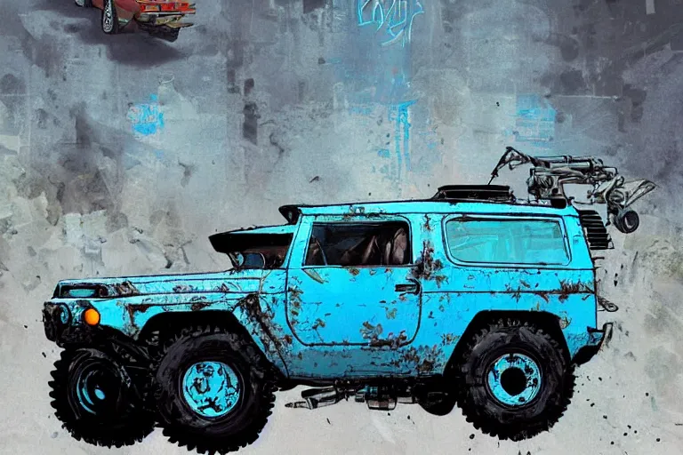 Image similar to digital illustration of a futuristic faded cyan mad max's fj 4 0 decrepit!!!! pursuit special, rusty!!! cyberpunk nissan fj cruiser heavily modded 1 9 9 0 s, the last v 8 interceptor by makoto shinkai, ilya kuvshinov, lois van baarle, rossdraws, basquiat