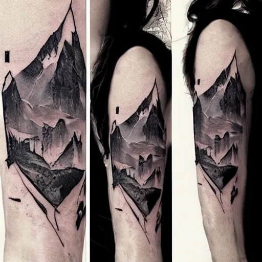 Image similar to tattoo design sketch of megan fox mash up effect with beautiful mountain scenery, in the style of matteo pasqualin, amazing detail