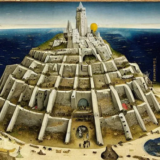 Prompt: Minas Tirith by Bruegel and Hokusail, masterpiece