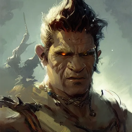 Image similar to a friendly half - orc tailor, fantasy character portrait by greg rutkowski, gaston bussiere, craig mullins