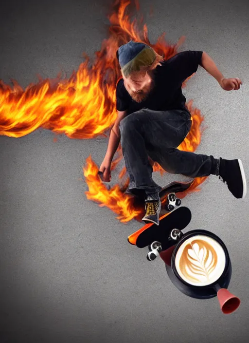 Image similar to a barista skateboarding over a flaming latte, photorealistic