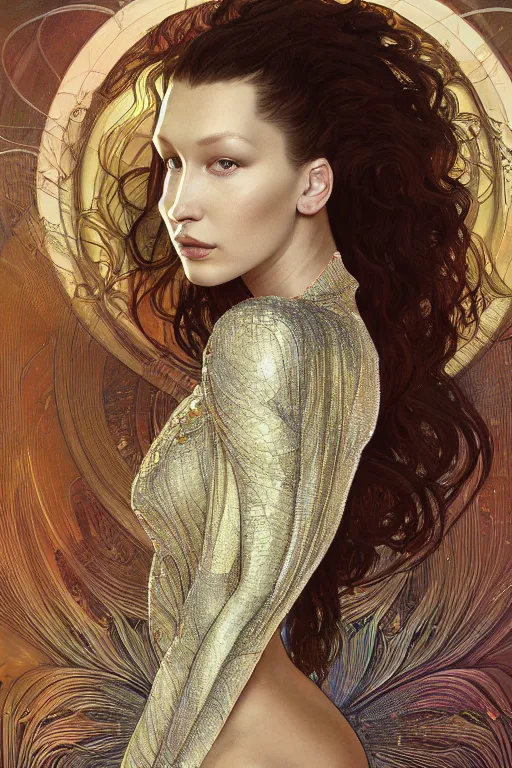 Prompt: a highly detailed painting of a beautiful alien goddess bella hadid in iris van herpen dress schiaparelli in diamonds in style of alphonse mucha art nuvo trending on artstation octane render