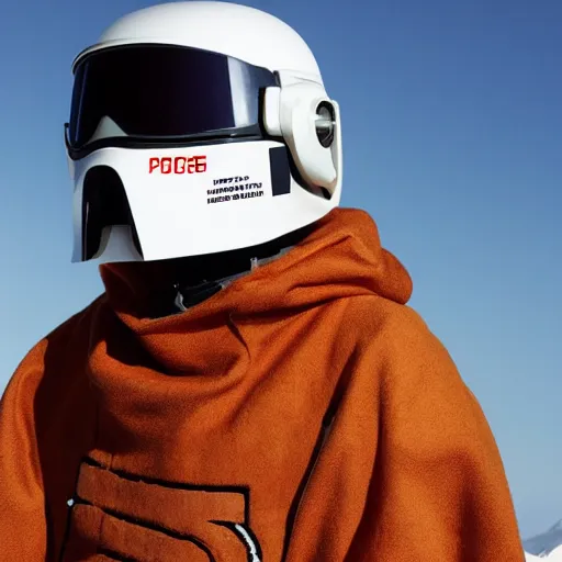 Prompt: skier wearing poe x - wing pilot helmet and a camel poncho, highly detailed, high definition, ultra realistic