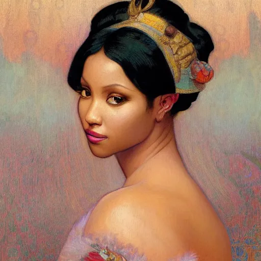 Prompt: romantic painted portrait of nicki minaj by james jean, mucha, andrew loomis, masterpiece