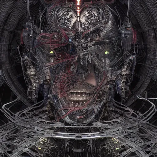 Prompt: cybernetic demon dreaming with its highly networked mind, lsd, circuitry, intricate detail, royo, whealan, giger, klimt, hd, octane render, unreal engine,