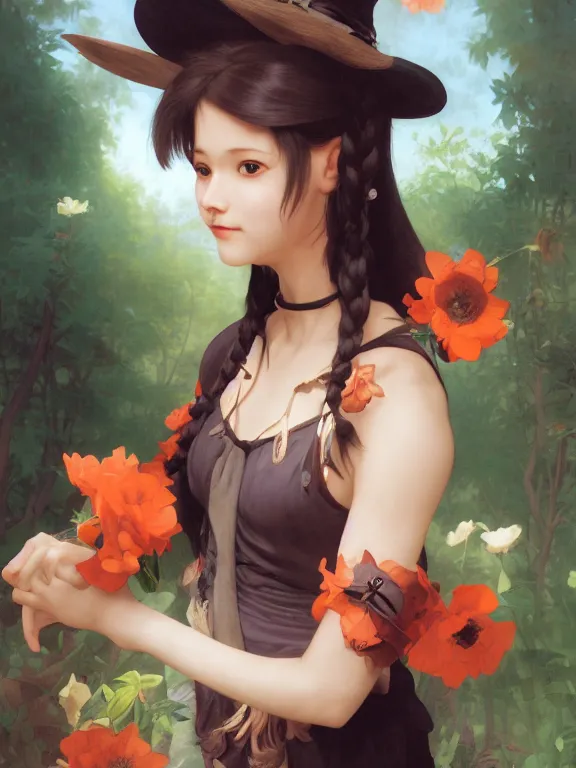 Image similar to Full shot of a cute mischievous young witch about to get up to some trouble. Latin American fashion. Floral patterns. Black and Orange palette. Latina girl. brown skin. defined facial features, symmetrical facial features. Smiling. By Ruan Jia and Artgerm and Range Murata and WLOP and Ross Tran and William-Adolphe Bouguereau. Key Art. Fantasy Illustration. award winning, Artstation, intricate details, realistic, Hyperdetailed, 8k resolution.