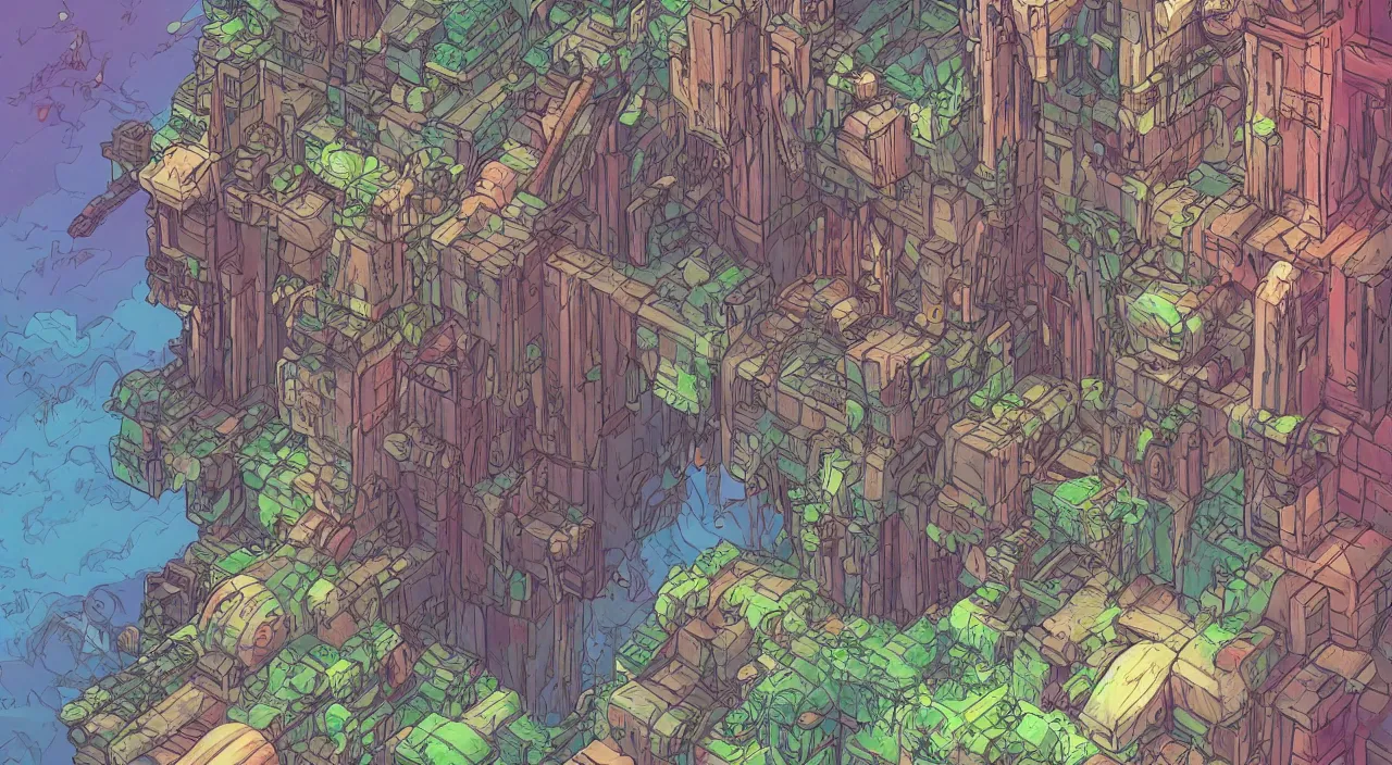 Image similar to open door wood wall fortress airship greeble block amazon jungle on portal unknow world ambiant fornite colorful that looks like it is from borderlands and by feng zhu and loish and laurie greasley, victo ngai, andreas rocha, john harris