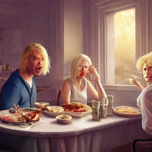 Image similar to michael mcintyre and middle aged blonde woman with short hair and a blonde woman with long hair having dinner, anatomy, bathed in light, highly detailed, photorealistic, artstation, smooth, sharp focus, illustration, unreal engine 5, 8 k, art by artgerm and greg rutkowski and edgar maxence