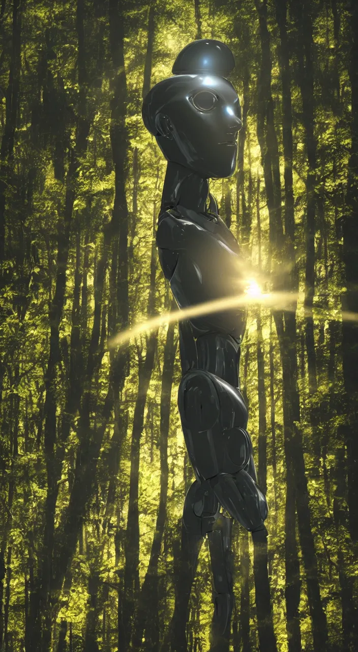 Image similar to a robot portrait in a movie, forest, cinematic shot, sun beams