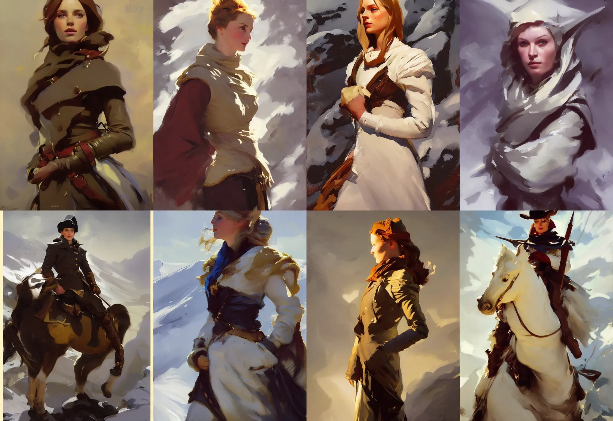 Image similar to portrait of ireland norway model girl jodhpurs hyperborea winter traveler treasure hunter greg manchess painting by sargent and leyendecker, fantasy, medium shot, asymmetrical, intricate, elegant, matte painting, illustration, hearthstone, by rhads, by greg rutkowski, by greg tocchini, by james gilleard, by joe fenton